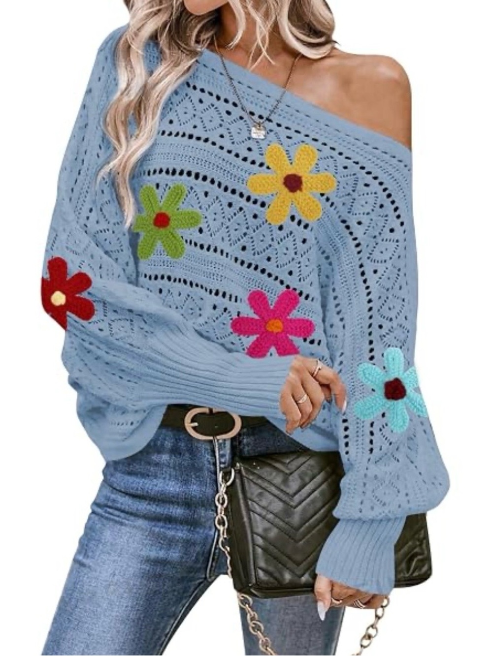 Cakulo Flowers Off Shoulder Crochet Sweater Size Med